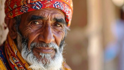 Obraz premium Headshot of the local Egyptian old man in traditional clothes.