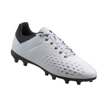 A clean white athletic cleat shoe with black accents and laces designed for sports performance isolated on transparent background