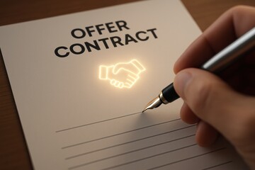 A hand signing an offer contract with a handshake symbol, symbolizing agreement and partnership.
