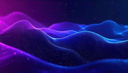 Abstract digital landscape with undulating neon purple and blue waves of light particles and stars illuminated by studio lighting creating a futuristic and technological atmosphere