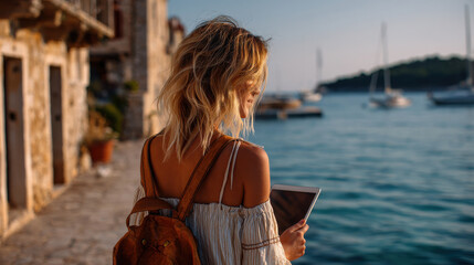 Digital nomad enjoys budget friendly lifestyle by serene waterfront, capturing moments with tablet in hand