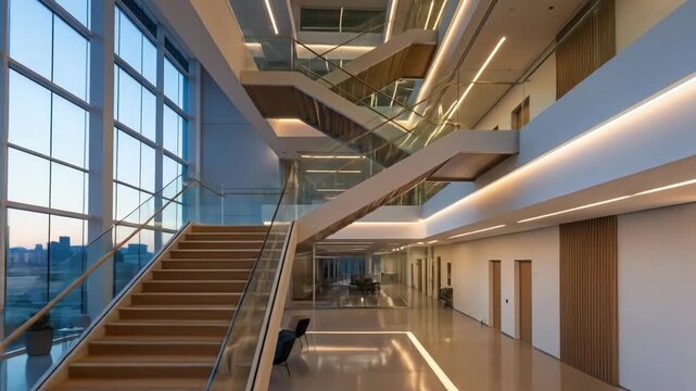 Modern atrium with grand staircase, large windows, and contemporary lighting