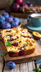 Rustic plum crumble loaf, fresh plums, coffee
