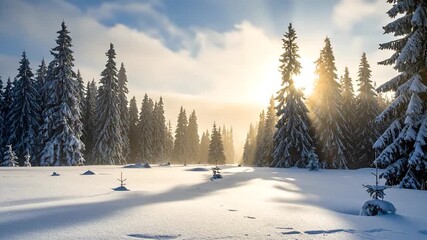Golden sunbeams illuminate a pristine snowy forest of tall evergreens, casting long shadows across the glistening ground - Powered by Adobe