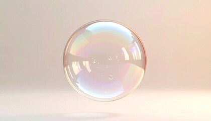 Shiny transparent soap bubble with rainbow reflection on soft background