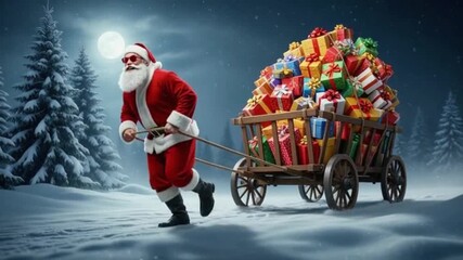 A stylish Santa Claus arriving on a glowing vehicle filled with gifts, dressed in a dazzling red outfit, spreading Christmas joy on snowy festive  jungle. Generative AI