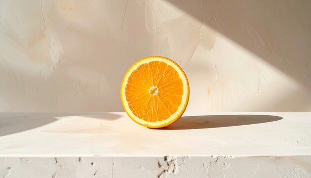 Bright fresh orange half casting strong shadow in natural sunlight