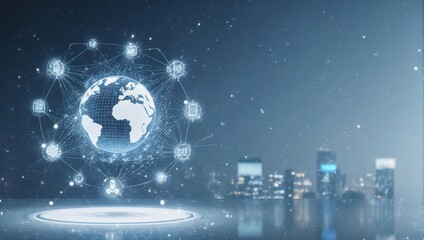 A glowing globe with connected icons hovering over a cityscape against a starlit background