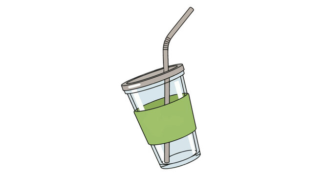 A hand-drawn illustration of a reusable transparent tumbler with a green sleeve, grey lid, and a bendy straw.