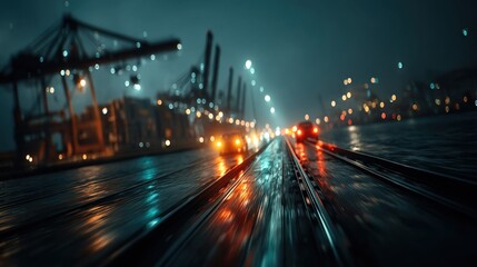 Fototapeta premium A rainy night scene showing glowing lights and reflective surfaces near shipping cranes, creating a moody, urban atmosphere.