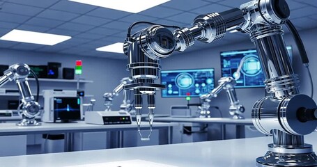 Advanced robotic arm operating in a high-tech laboratory with monitors displaying data - Powered by Adobe