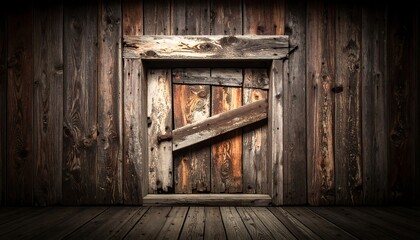 Rustic wooden room with weathered door