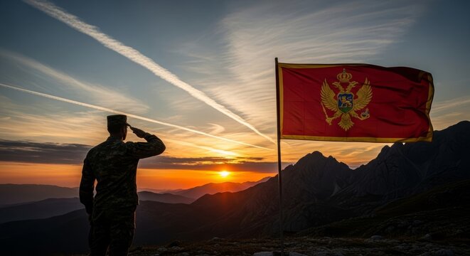 Soldier silhouette saluting at dramatic sunset,  Montenegro flag waving in the wind, patriotic holiday tribute, powerful symbolic scene - Powered by Adobe