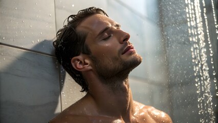Man in Shower Mist, Water Droplets on Shoulders & Face. Man under shower spray, water droplets on skin, eyes closed—peaceful, sensual mood with dewy skin.