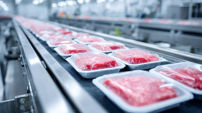 Packaged meat trays moving on a sterile conveyor belt, modern automated factory