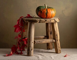 Rustic wooden stool with pumpkin and leaves