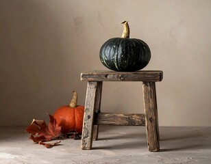 Rustic wooden stool with pumpkins and autumn leaf