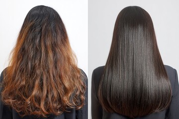 Fototapeta premium Woman with frizzy damaged hair showing keratin treatment result smooth straight hair back view