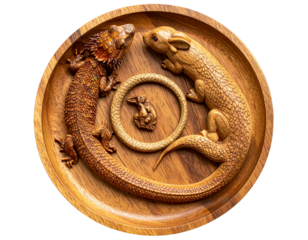 Top-Down Wooden Desert Wildlife Collection, including Lizard, Rattlesnake, and Jackrabbit, isolated