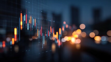 A digital representation of financial data with fluctuating graphs and vibrant colors, set against a blurred urban night background.