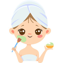 Cute Cartoon Girl Applying Facial Mask With Brush And Holding Bowl Of Green Cream Wearing White Towel Headwrap Transparent Background