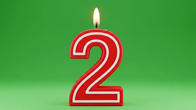 3D rendered birthday candle shaped like the number 2 in red and white with a lit flame. The green screen is perfect for chroma key compositing in anniversary, celebration, or age two videos.