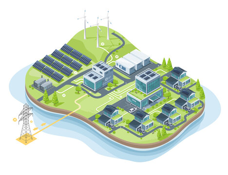Isometric illustration of smart city powered by renewable energy concept showing smart grid and micro grid connection with solar panels wind turbines and modern eco friendly buildings