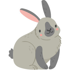 Cute cartoon gray rabbit with long ears and fluffy tail sits facing front on white background