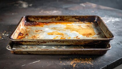 Rusty baking pans stacked, stained with food residue