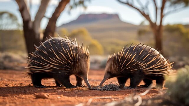 Two Echidnas Foraging on Red Earth in Australian Outback with Mountain Backdrop