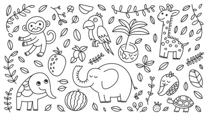 Playful jungle animal doodles with tropical plants create a cheerful coloring page for kids, perfect for educational resources and fun activity books