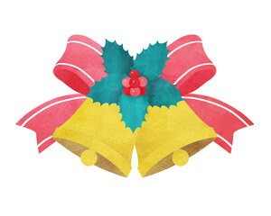 クリスマスベル クリスマスに使えるベルと柊とリボンの水彩イラスト