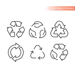 Recycle or recycling vector symbols. Recylced arrow editable stroke line icon set. 
