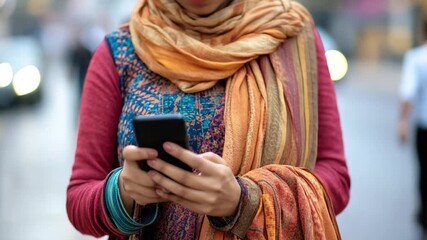 Indian woman walking street using phone