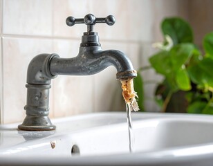Rusty faucet with debris in water stream