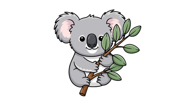 Cute Cartoon Koala Holding Eucalyptus Branch