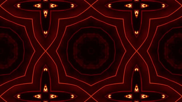 Abstract dark red and orange glowing symmetrical geometric pattern with intricate lines and kaleidoscopic design.