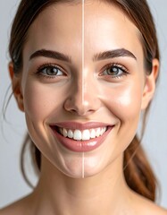 Portrait of a woman's face, split in half, showing before/after