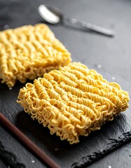 Raw, dried, wavy noodles, prepared for cooking. Wooden chopsticks nearby