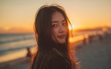 振り向く女性と浜辺の夕陽の風景