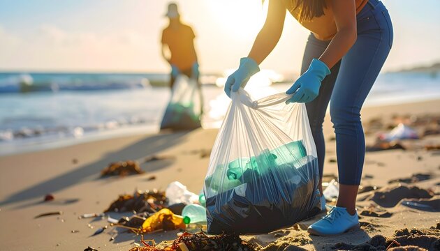 Beach Cleanup Volunteers: Collecting Plastic Waste at Sunset