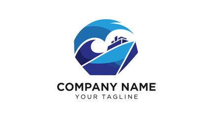 Blue ship sailing through ocean waves logo design for company.