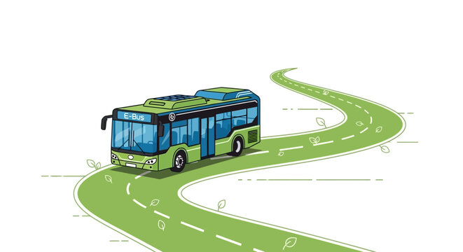 Green E-Bus on Winding Road with Leaf Accents Illustration