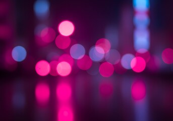 Mesmerizing urban night light bokeh effect, featuring brilliant pink and electric blue blurs reflecting on a dark, wet ground, perfect for contemporary abstract backdrops