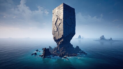 Pixelated Stone Monument In Ocean Landscape