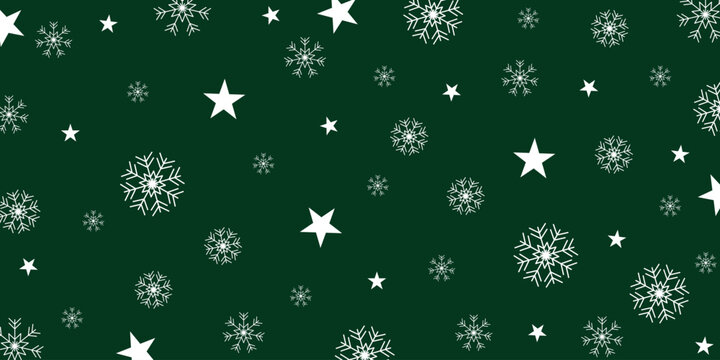 Seamless pattern green christmas background, snowflakes and stars vector texture.