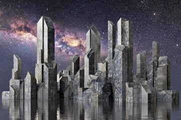 Futuristic Crystal City At Night Under Cosmic Sky