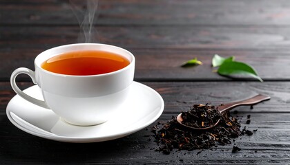 Steaming cup of hot beverage on a saucer near leaves and tea leaves