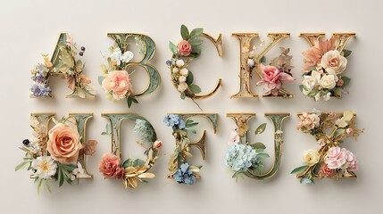 Floral alphabet letters with gold accents isolated on white background