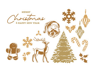 Vintage Merry Christmas and Happy New Year Set – Gold Holiday Illustration Collection